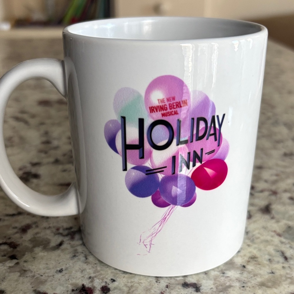 Broadway show Holiday Inn Mug with Purple and Pink Balloon Design
